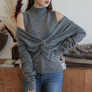 Set: Drape-front Knit Top + Mock-neck Vest