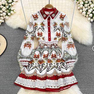 Long Sleeve Printed A-line Shirt Dress