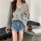 Puff-sleeve Plain T-shirt Gray - One Size