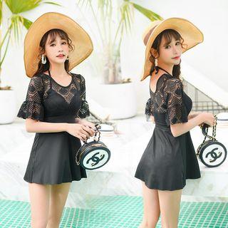 Elbow-sleeve Lace Paneled Swimdress