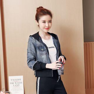 Lettering Hooded Zip-up Denim Jacket