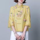 3/4-sleeve Embroidered Frog Buttoned Top