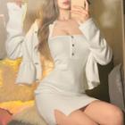 Set: Plain Cardigan + Halter-neck Knit Mini Sheath Dress