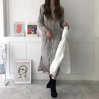 Long-sleeve Floral Print Midi Shirt Dress White - One Size