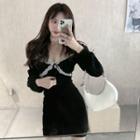 Lace-trim Deep V-neck Mini Dress