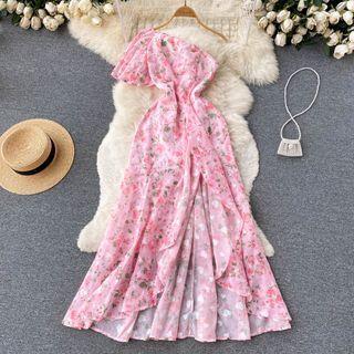 One-shoulder Floral Slit Chiffon Dress