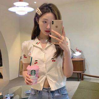 Short-sleeve Cherry Embroidered Shirt