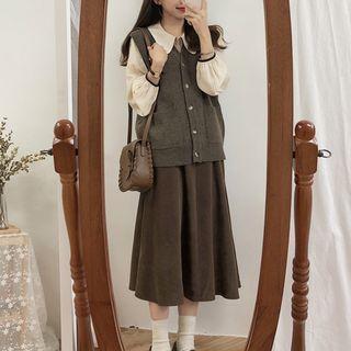Midi A-line Skirt / Puff-sleeve Blouse / Knit Vest
