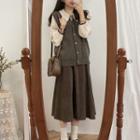 Midi A-line Skirt / Puff-sleeve Blouse / Knit Vest