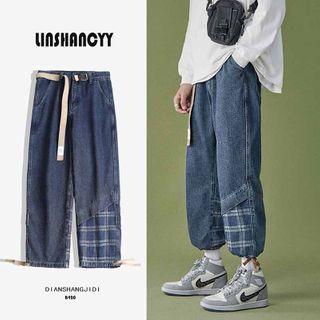 Plaid Panel Straight-leg Jeans