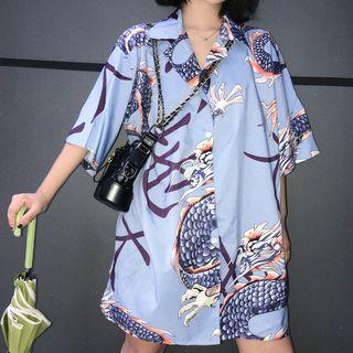 Dragon Print Elbow-sleeve Shirt As Shown In Figure - One Size