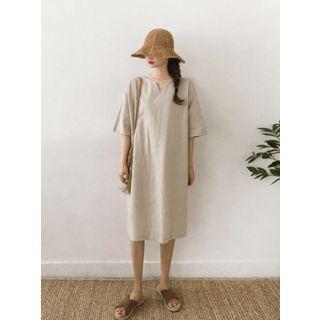 Notched-neckline Linen Blend Shift Dress