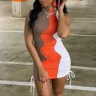 Sleeveless Color-block Paneled Side-drawstring Mini Dress