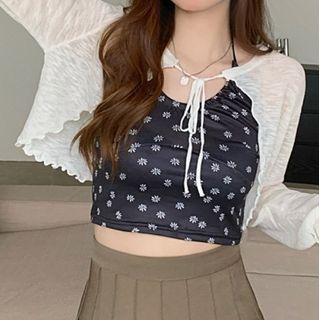 Halter Floral Print Camisole Top / Tie-front Cardigan