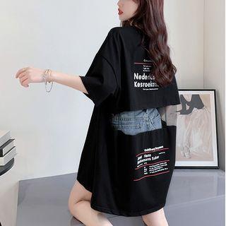 Elbow-sleeve Lettering Print Mesh Panel T-shirt