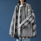 Mock Two-piece Fleece Panel Plaid Button-up Jacket