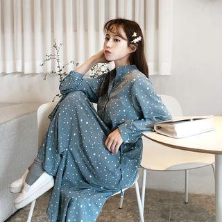 Mandarin-collar Polka-dot Dress Sky Blue - One Size
