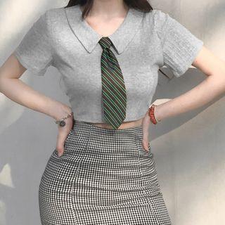 Collared Tie-neck Short-sleeve Cropped T-shirt