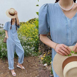 Puff-sleeve Hidden-button Denim Jumpsuit Light Blue - One Size