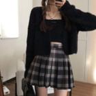 Tag Knit Tank Top + Knit Cardigan / Plaid Pleated Mini Skirt