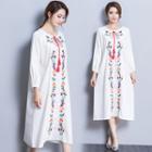 3/4-sleeve Embroidered Midi Dress White - One Size