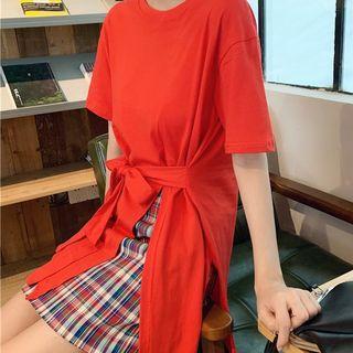 Plain Split Long T-shirt / Plaid Mini Skirt