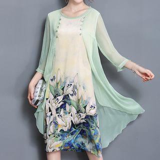 Set: Printed Sleeveless Dress + Plain Light Coat
