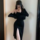 Set: Spaghetti-strap Slit Midi Sheath Dress + Zip-up Cropped Hoodie