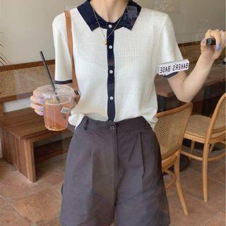 Short-sleeve Collared Contrast Trim Cardigan