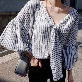 Striped V-neck Bell-sleeve Blouse