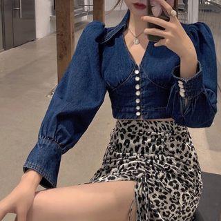 V-neck Cropped Denim Blouse / Leopard Print Drawstring Midi Slit Skirt