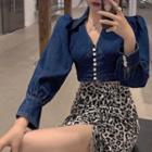 V-neck Cropped Denim Blouse / Leopard Print Drawstring Midi Slit Skirt