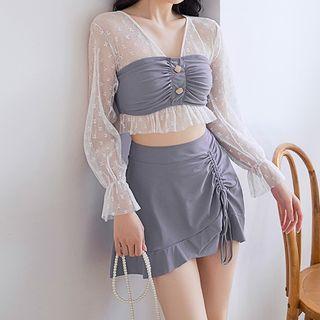 Set: Bell-sleeve Mesh Panel Swim Top + Swim Skirt + Bottom