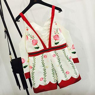 Floral Print Cut Out Shoulder Long Sleeve Playsuit