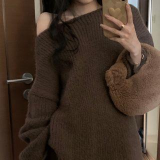 Long-sleeve Plain Knit Sweater Coffee - One Size