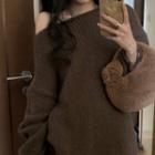 Long-sleeve Plain Knit Sweater Coffee - One Size