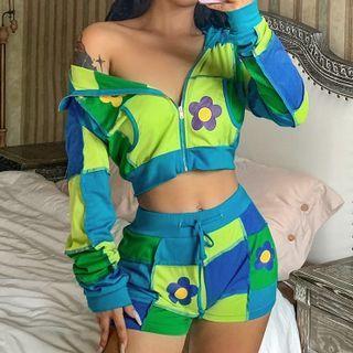 Set: Flower Print Cropped Zip Hoodie + Shorts