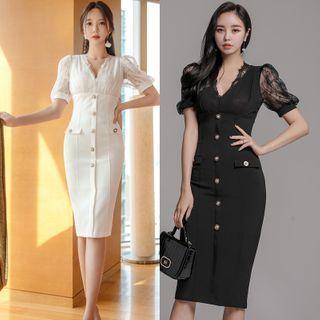 Puff-sleeve Lace Panel Midi Sheath Dress