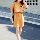 Short-sleeve Tie-waist Dress Orange - One Size