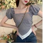 Short-sleeve Square Neck Plaid Top