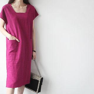 Batwing-sleeve Linen Dress