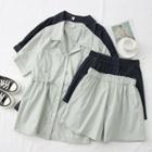 Set: Drawstring-waist Stitched Lapel Shirt + High-waist Shorts