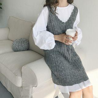 Puff-sleeve A-line Dress / V-neck Long Vest