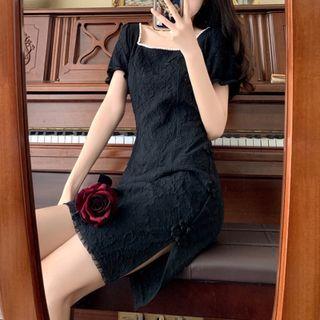 Short-sleeve Square-neck Slit Mini A-line Dress