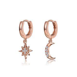 925 Sterling Silver Plated Rose Gold Simple Star Moon Asymmetric Earrings With Cubic Zircon Rose Gold - One Size