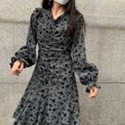 Long-sleeve Patterned Ruched Dress