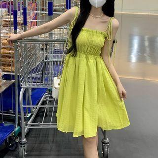Tie-shoulder Smocked A-line Dress Green - One Size