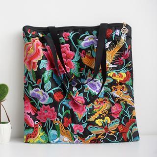 Flower Embroidered Tote Black - One Size