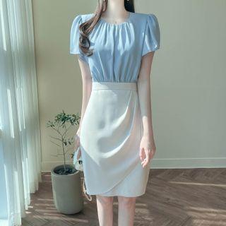 Mock Two-piece Shirred Midi Wrap Dress