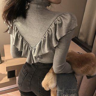 Ruffle Mock-neck Long-sleeve Slim-fit Top